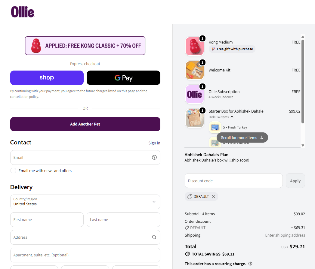 Ollie checkout page